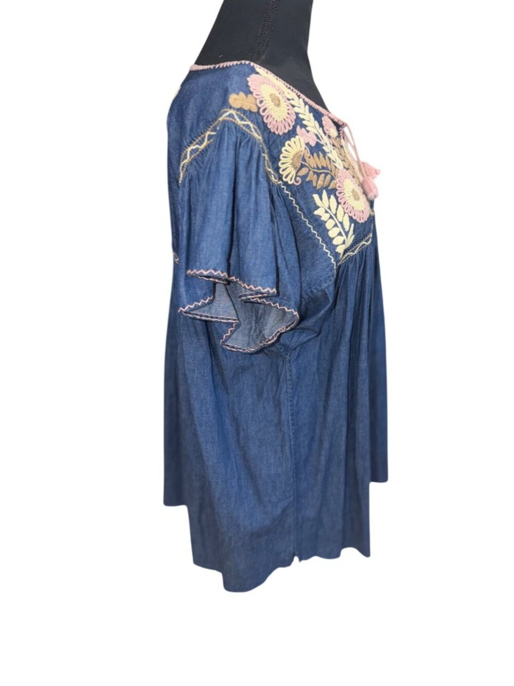 Denim Tunic Top Boho Santa Fe Western Floral Embroidery Flutter Sleeves Womens M - Picture 6 of 8